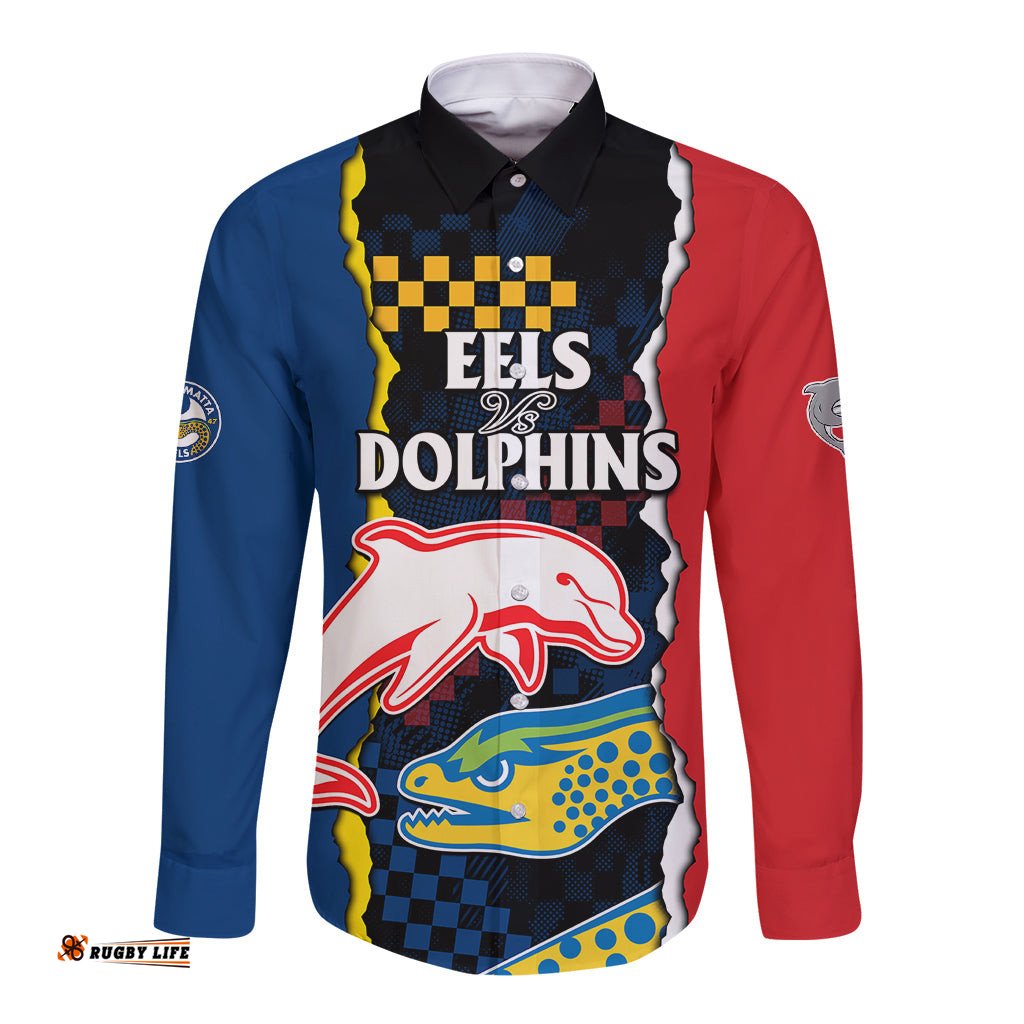 Custom Text And Number NRL Combine Dolphins and Parra Eels Long Sleeve Button Shirt Simple Style