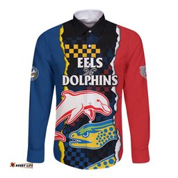 Custom Text And Number NRL Combine Dolphins and Parra Eels Long Sleeve Button Shirt Simple Style