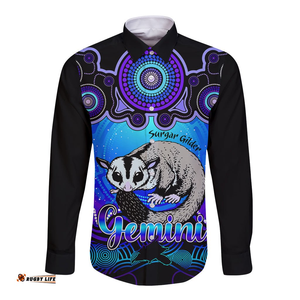 Personalised Australia Gemini Sugar Gilder Zodiac Long Sleeve Button Shirt Auz Astrology Aboriginal Blue