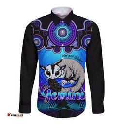 Personalised Australia Gemini Sugar Gilder Zodiac Long Sleeve Button Shirt Auz Astrology Aboriginal Blue