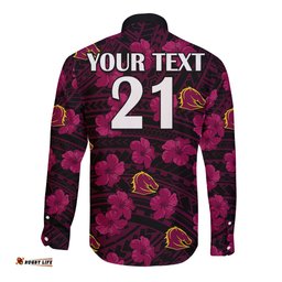 Custom Text And Number Broncos Rugby Long Sleeve Button Shirt Polynesian Style With Hibiscus