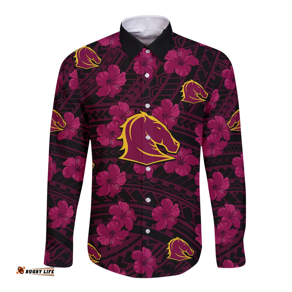 Custom Text And Number Broncos Rugby Long Sleeve Button Shirt Polynesian Style With Hibiscus