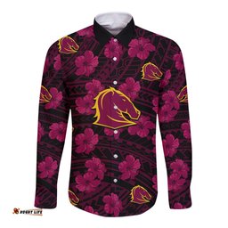 Custom Text And Number Broncos Rugby Long Sleeve Button Shirt Polynesian Style With Hibiscus