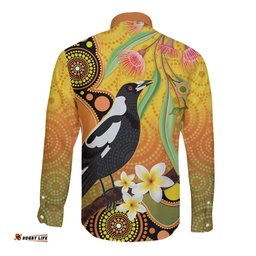 Australia Eucalyptus Flower And Magpie Long Sleeve Button Shirt Aboriginal Art