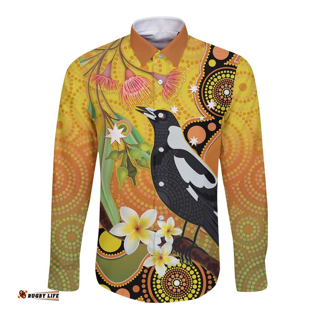 Australia Eucalyptus Flower And Magpie Long Sleeve Button Shirt Aboriginal Art