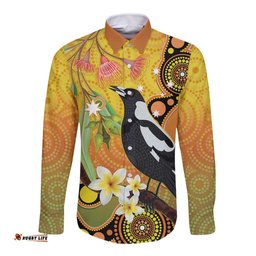 Australia Eucalyptus Flower And Magpie Long Sleeve Button Shirt Aboriginal Art