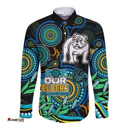 Bulldogs Rugby Aboriginal Art Long Sleeve Button Shirt NAIDOC Indigenous Tribal