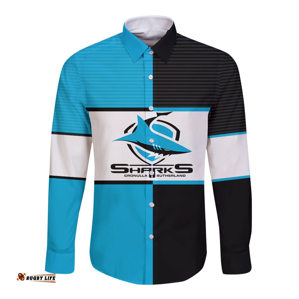 Custom Text And Number NRL Sharks Long Sleeve Button Shirt Mix Jersey