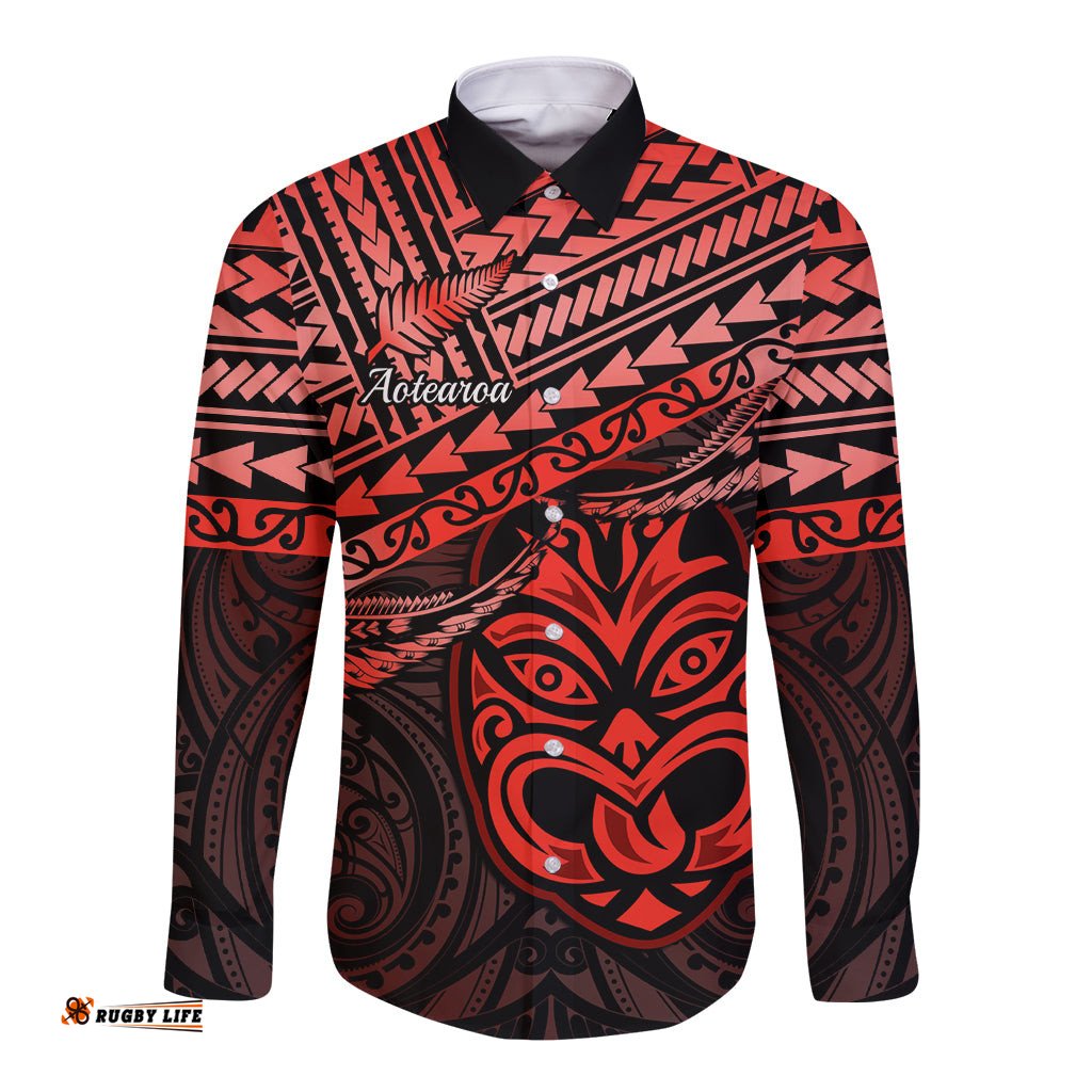 Matariki New Zealand Long Sleeve Button Shirt Maori New Year Tiki Red Version