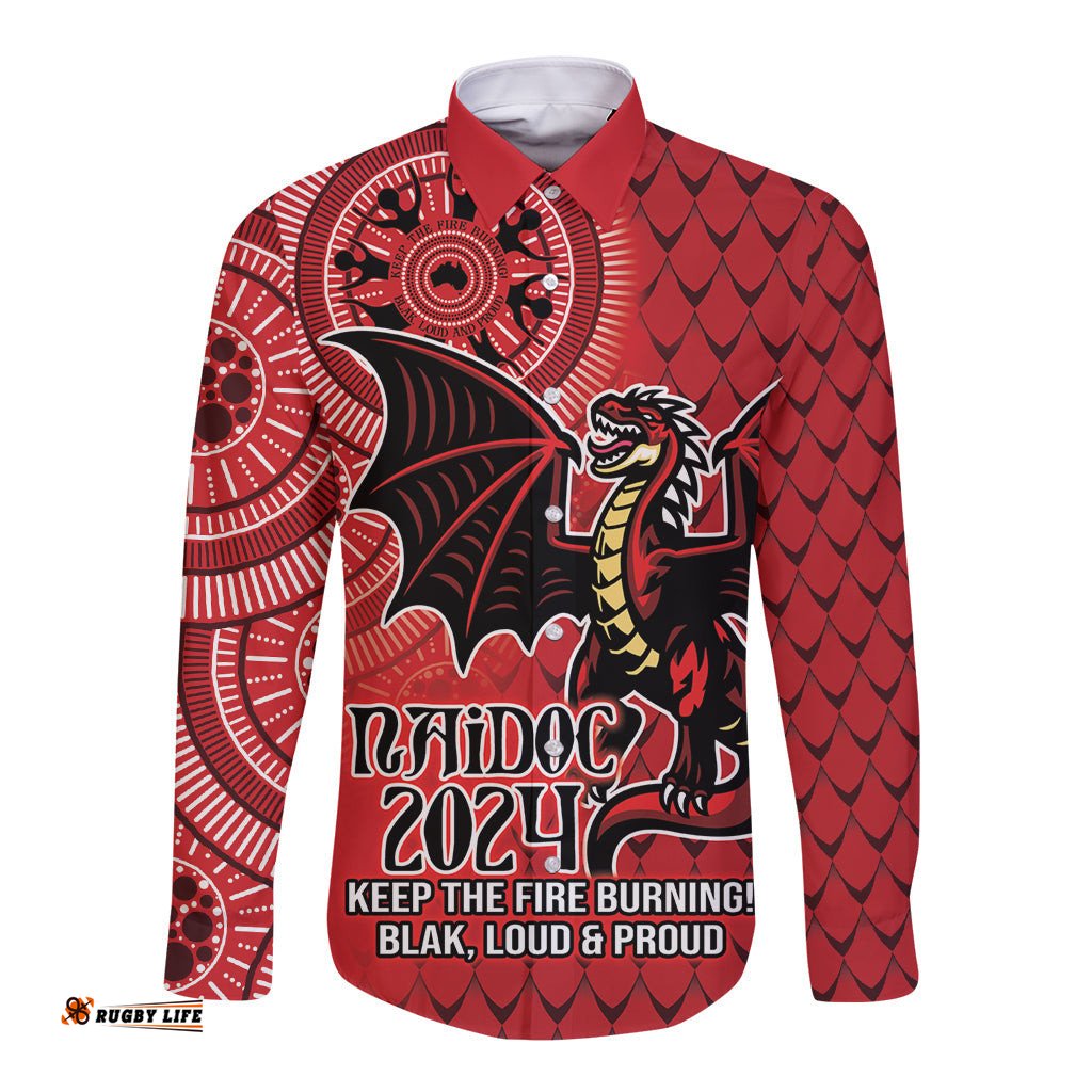Personalised Dragons NAIDOC Week 2024 Long Sleeve Button Shirt Aboriginal Fire Burning Sparks