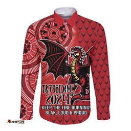 Personalised Dragons NAIDOC Week 2024 Long Sleeve Button Shirt Aboriginal Fire Burning Sparks