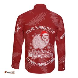 New Zealand Christmas Long Sleeve Button Shirt Silver Fern Mix Kiwi Bird Ver01