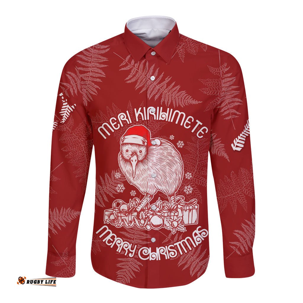 New Zealand Christmas Long Sleeve Button Shirt Silver Fern Mix Kiwi Bird Ver01