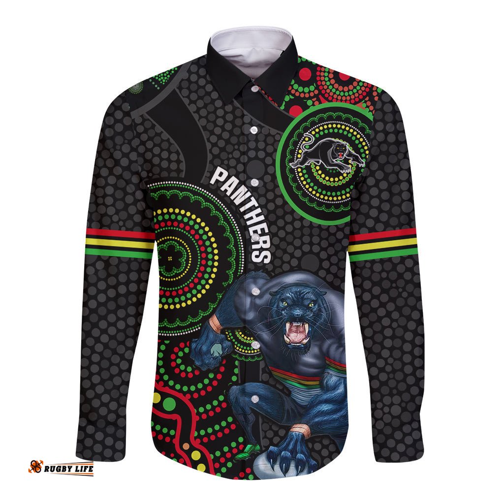 Custom NRL Panthers Long Sleeve Button Shirt Indigenous Penrith Dynamic Black Version
