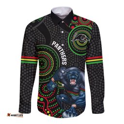 Custom NRL Panthers Long Sleeve Button Shirt Indigenous Penrith Dynamic Black Version