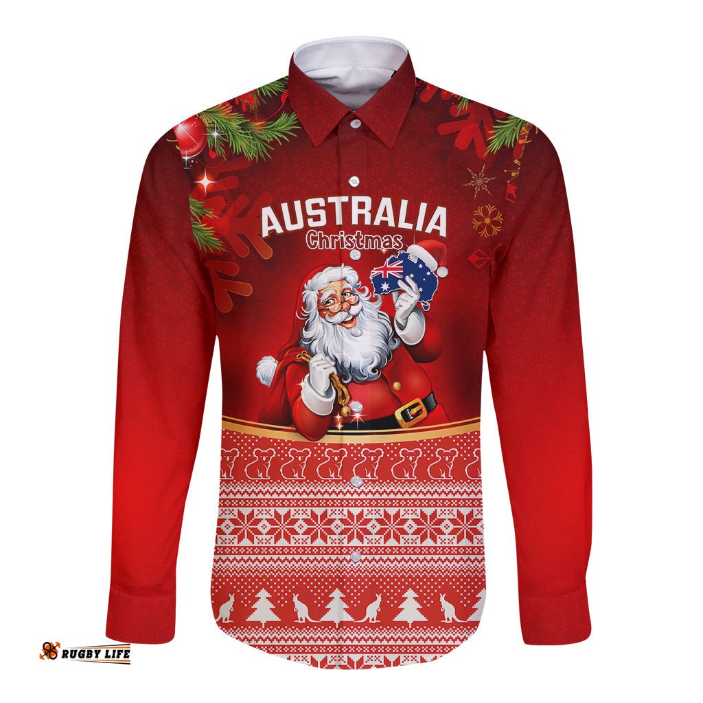 Personalised Australia Christmas Long Sleeve Button Shirt Xmas In July Happy Santa Claus With Map Red Style