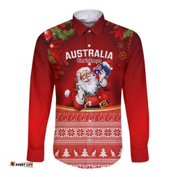 Personalised Australia Christmas Long Sleeve Button Shirt Xmas In July Happy Santa Claus With Map Red Style