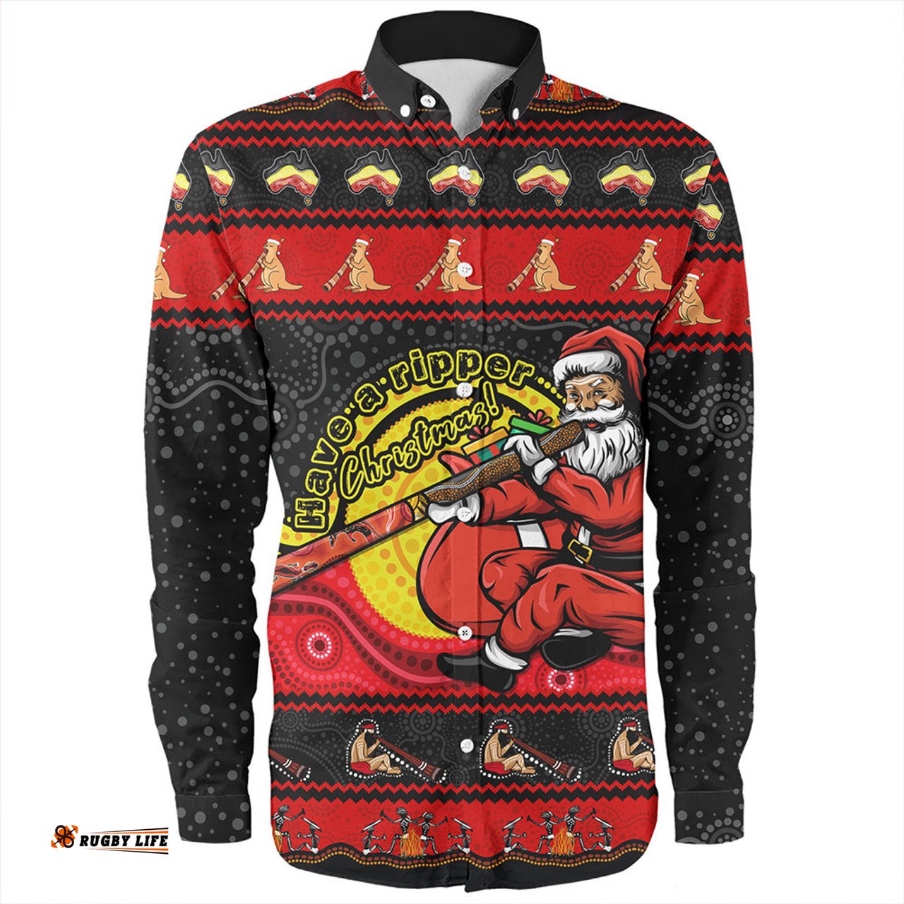 Australia Long Sleeve Button Shirt Ripper Aboriginal Christmas Down Under