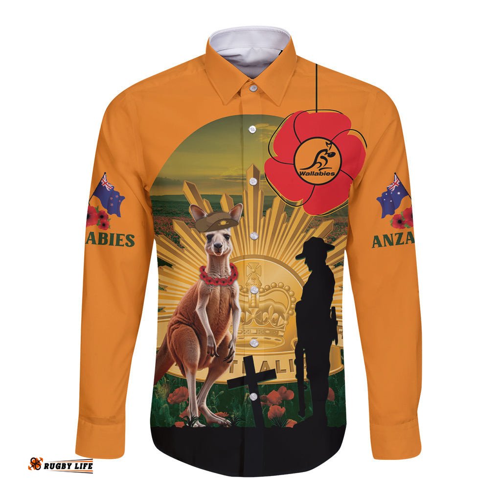 Australia Wallabies Rugby ANZAC Day Long Sleeve Button Shirt 2024 Lest We Forget