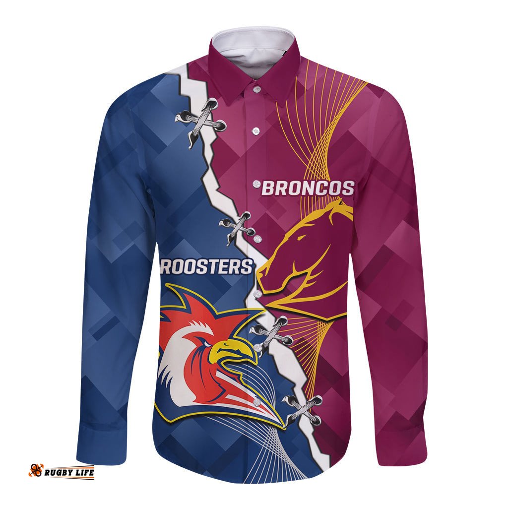 Personalised Roosters And Broncos Rugby Long Sleeve Button Shirt NRL 2024 Dynamic Together