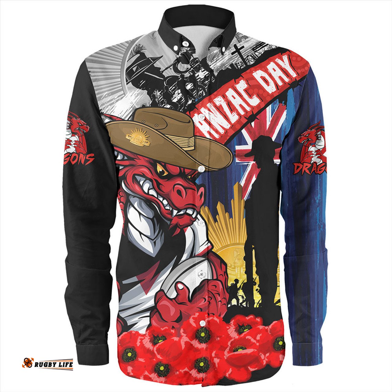 St. George Illawarra Dragons Long Sleeve Button Shirt United In Spirit Anzac Day Tribute