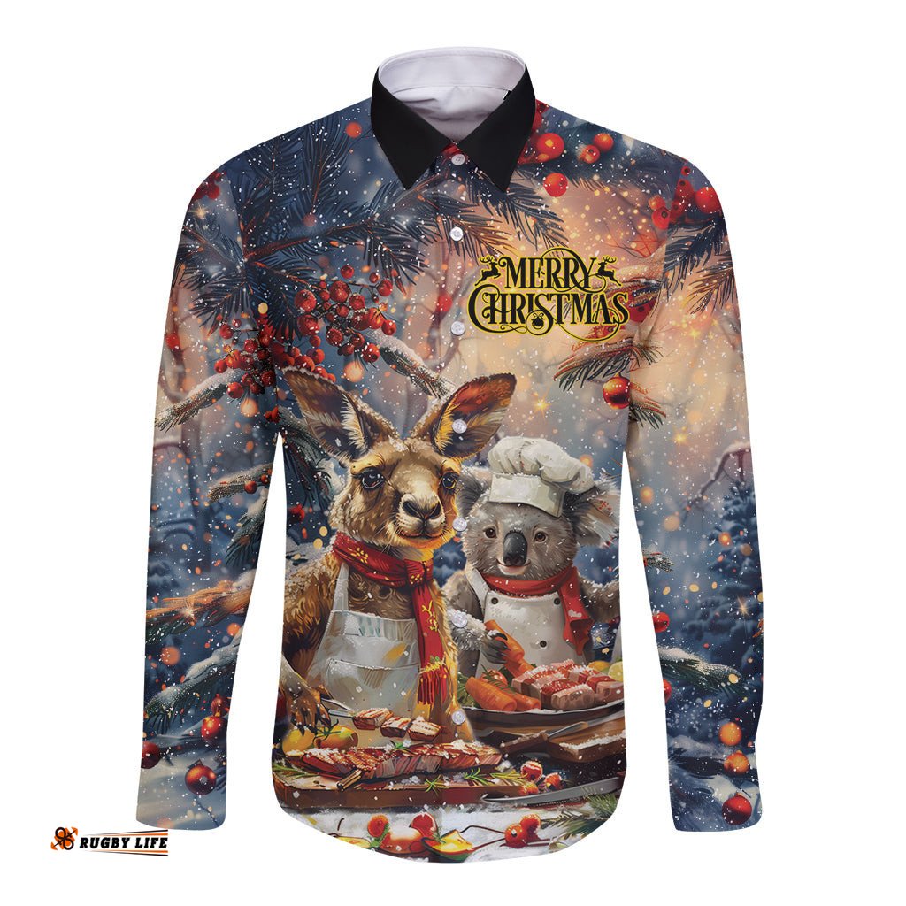 Personalised Aussie Christmas Kangaroo and Koala Long Sleeve Button Shirt