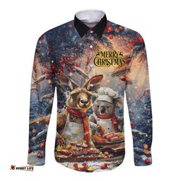 Personalised Aussie Christmas Kangaroo and Koala Long Sleeve Button Shirt