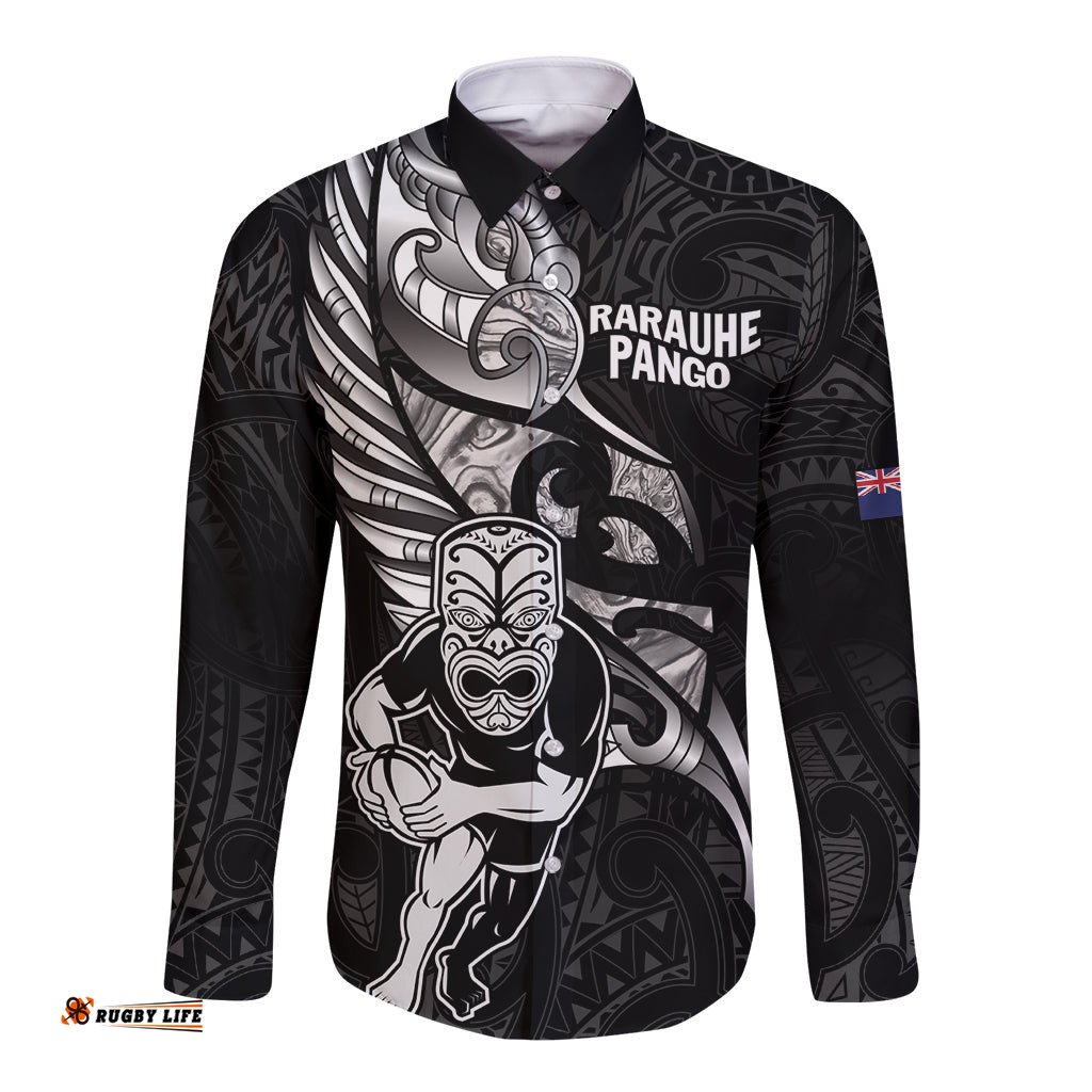 Custom New Zealand Maori Rugby Long Sleeve Button Shirt Rarauhe Pango Silver Fern Manaia