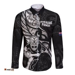 Custom New Zealand Maori Rugby Long Sleeve Button Shirt Rarauhe Pango Silver Fern Manaia