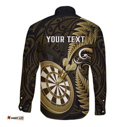 Personalised New Zealand Darts Long Sleeve Button Shirt Happiness Is A Tight Threesome Maori Gold