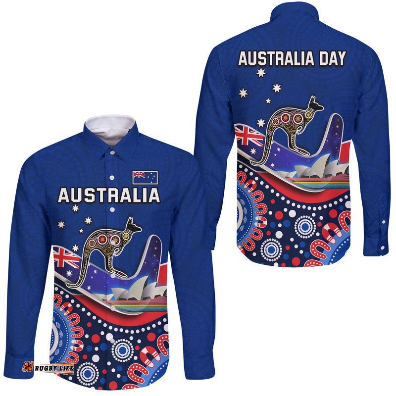 Australia Day Hawaii Long Sleeve Button Shirt Indigenous Kangaroo And Boomerang