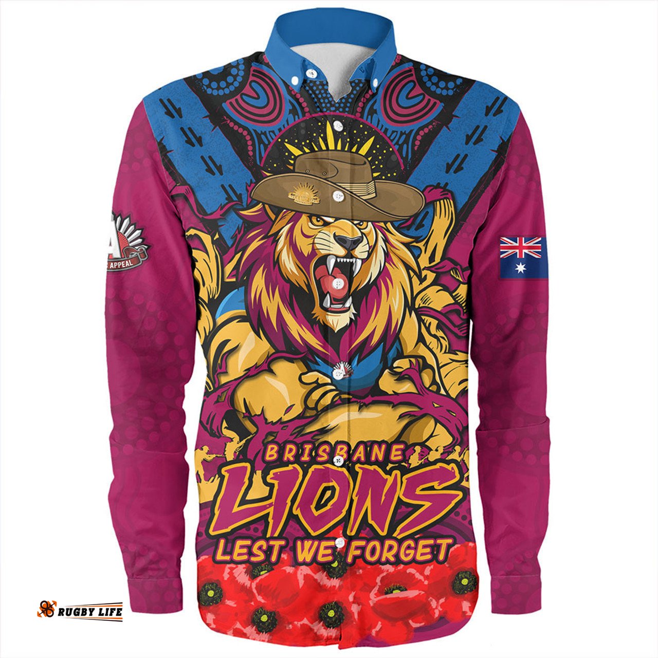 Brisbane Lions Long Sleeve Button Shirt Ripped Legacy Of The Game The ANZAC Spirit Lives On