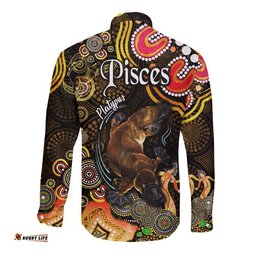 Australian Astrology Hawaii Long Sleeve Button Shirt Pisces Platypus Zodiac Aboriginal Vibes Gold