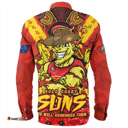 Gold Coast SUNS Long Sleeve Button Shirt Ripped Legacy Of The Game The ANZAC Spirit Lives On