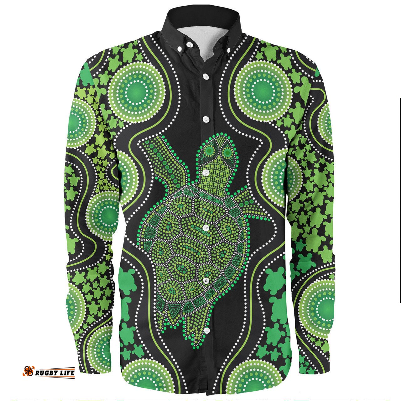 Australia Long Sleeve Button Shirt - Aboriginal Art Green Turtle Inspired