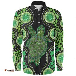 Australia Long Sleeve Button Shirt - Aboriginal Art Green Turtle Inspired