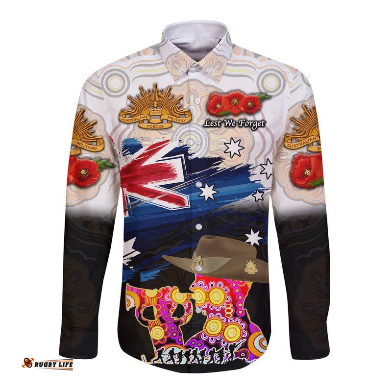 Australia Aboriginal ANZAC Hawaii Long Sleeve Button Shirt Remembrance Vibes White