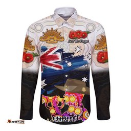 Australia Aboriginal ANZAC Hawaii Long Sleeve Button Shirt Remembrance Vibes White