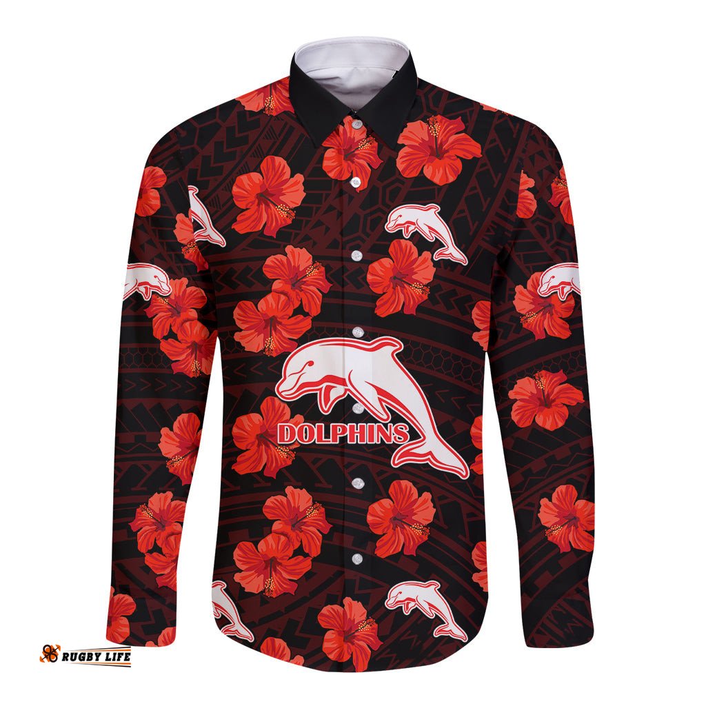 Custom Text And Number Dolphins Rugby Long Sleeve Button Shirt Polynesian Style With Hibiscus