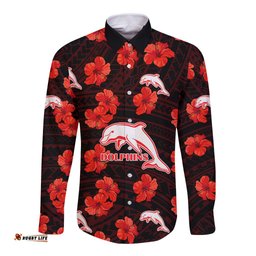 Custom Text And Number Dolphins Rugby Long Sleeve Button Shirt Polynesian Style With Hibiscus