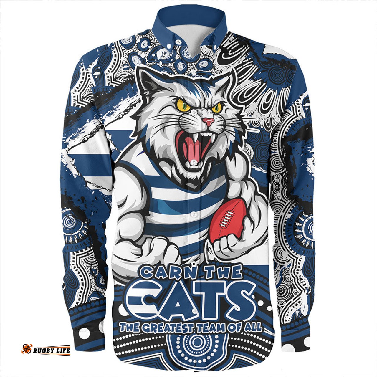 Geelong Cats Long Sleeve Button Shirt Blazing Spirit Of Victory