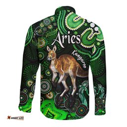 Australian Astrology Hawaii Long Sleeve Button Shirt Aries Kangaroo Zodiac Aboriginal Vibes Green