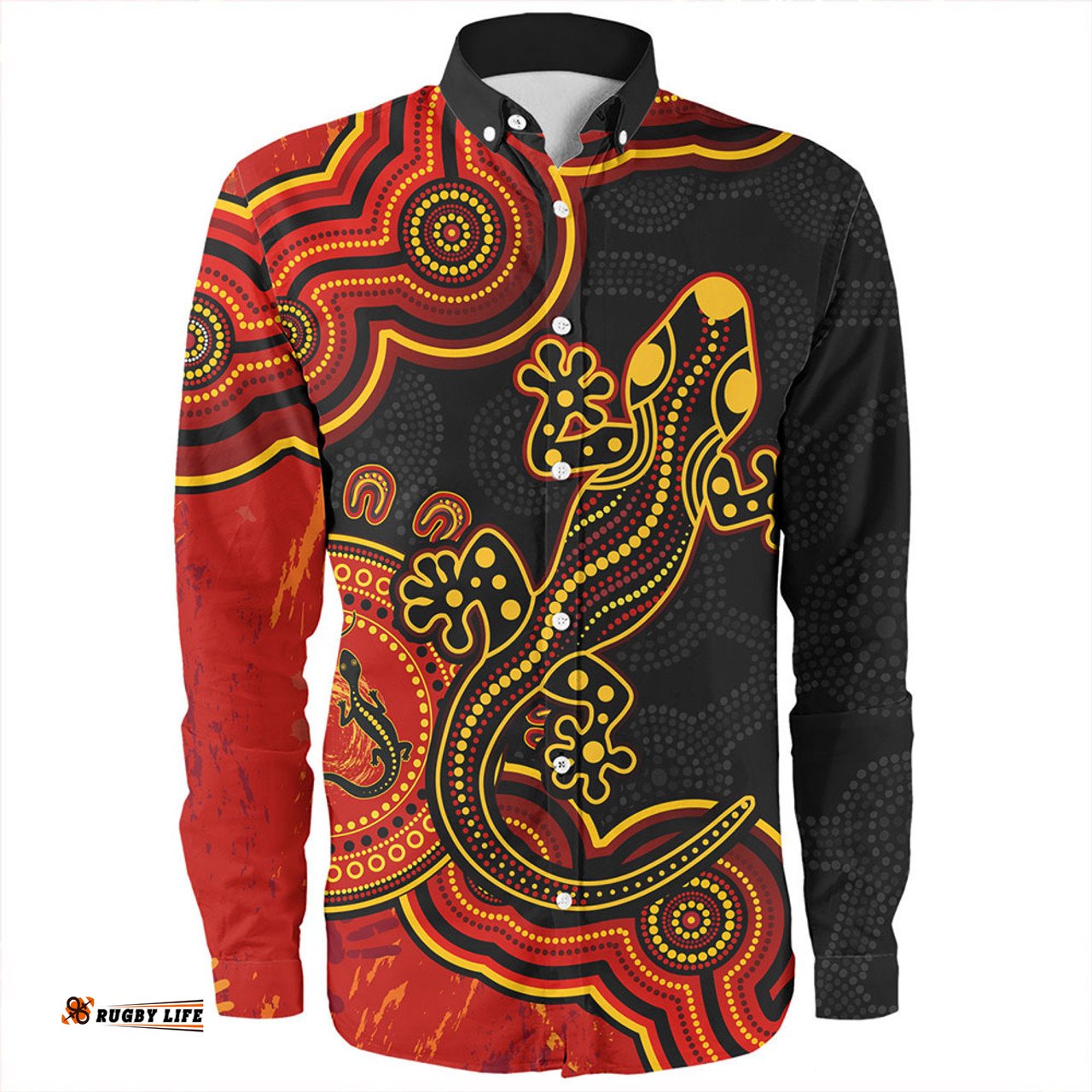 Australia Long Sleeve Button Shirt Aboriginal Lizard Dreaming Outback