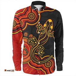 Australia Long Sleeve Button Shirt Aboriginal Lizard Dreaming Outback