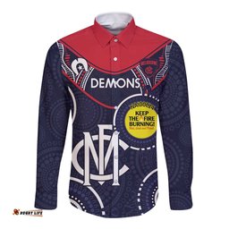 Custom AFL Demons NAIDOC Week Long Sleeve Button Shirt Keep The Fire Burning Indigenous Art