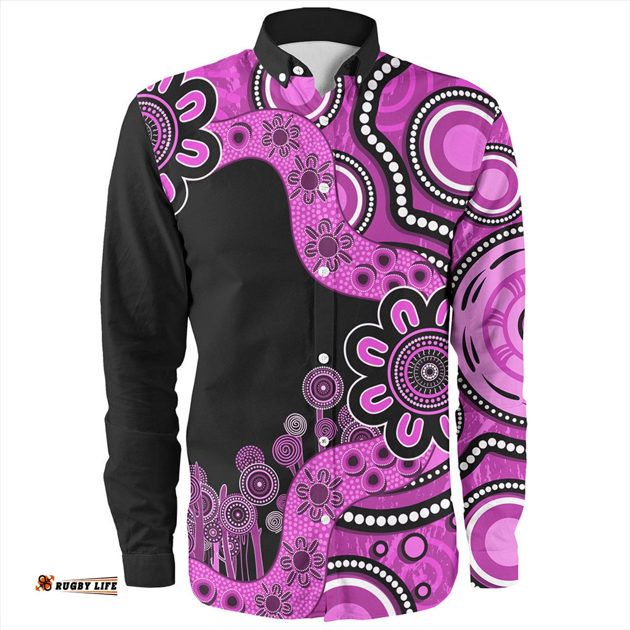 Australia Long Sleeve Button Shirt Aboriginal Indigenous Dot Painting Pink