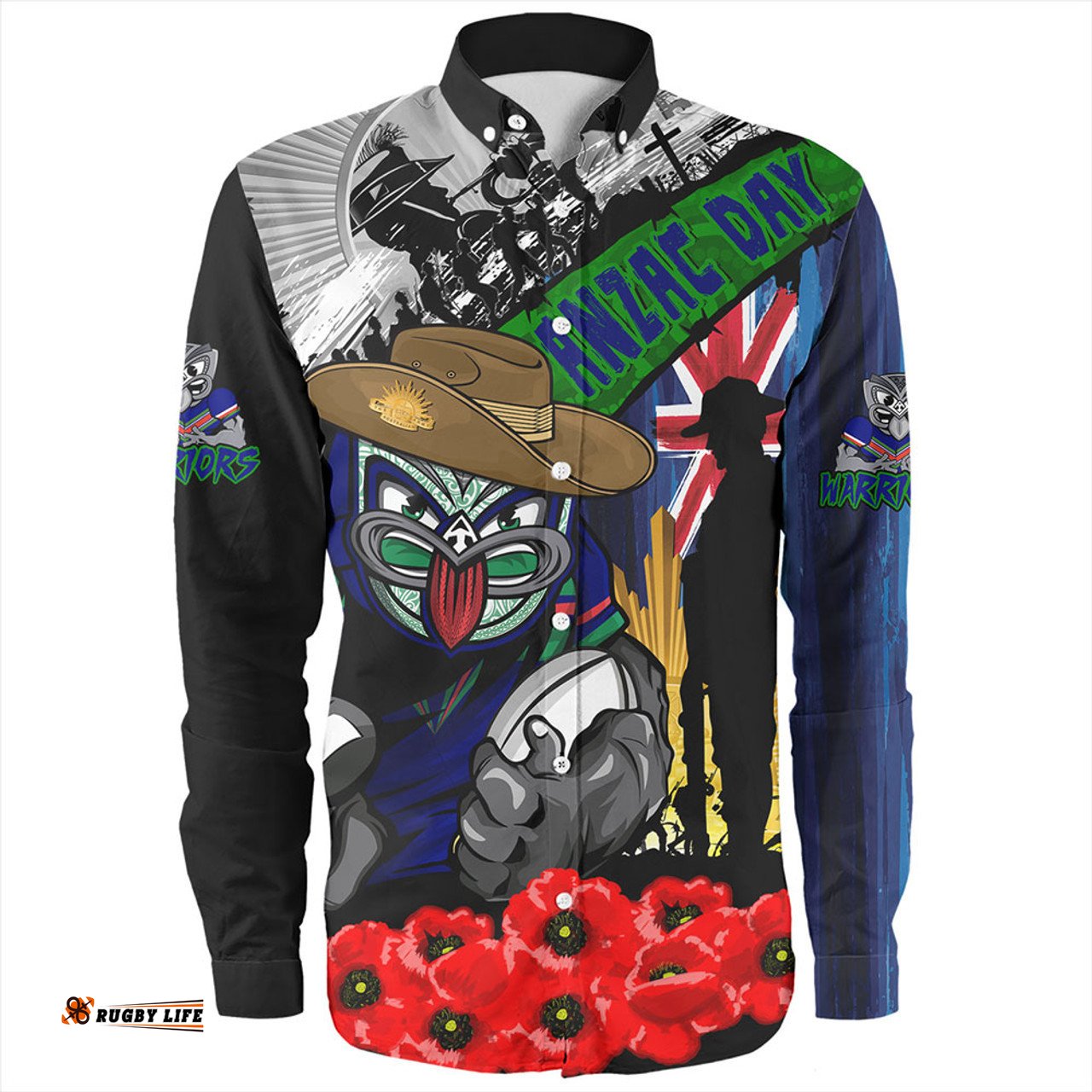 New Zealand Warriors Long Sleeve Button Shirt United In Spirit Anzac Day Tribute