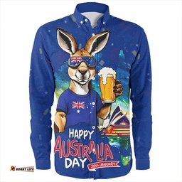 Australia Long Sleeve Button Shirt Happy Australia Day Funny Kangaroo With Beer