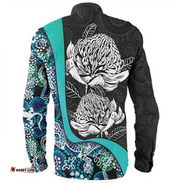 Australia  Warratah Goanna Aboriginal Long Sleeve Button Shirt - Waratah Flowers With Blue Lizards, Stones, Sand Dot Art Painting Inspired Long Sleeve Button Shirt