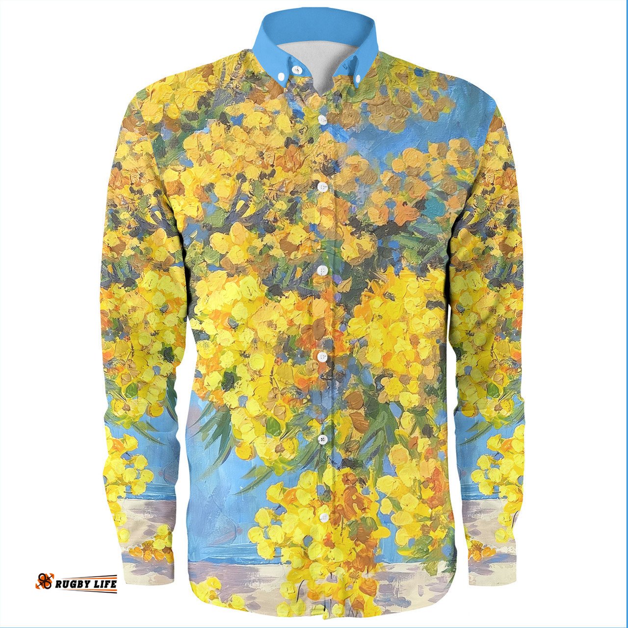 Australia Golden Wattle Long Sleeve Button Shirts - Golden Wattle Bouquet Blue Background Oil Painting Art  Long Sleeve Button Shirts